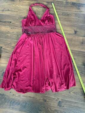 Red Beaded Waist Halter Knit Dress